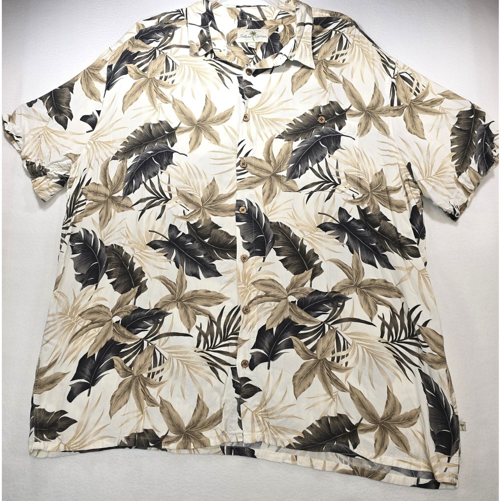Island Shores Men 3XLT Tropical Palm Leaf Rayon Button Down Shirt Black Tan Tall